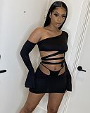 Summer Solid Color Skew Shoulder Flare Long Sleeve Hollow Out Bandage Crop Top  Mini Skirt 2 Piece Set OSM-4339