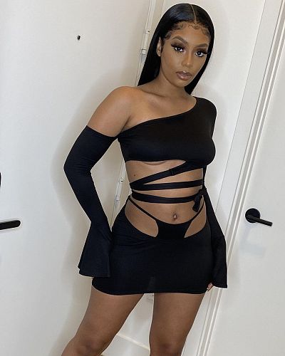 Summer Solid Color Skew Shoulder Flare Long Sleeve Hollow Out Bandage Crop Top  Mini Skirt 2 Piece Set OSM-4339