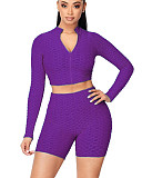 Women Solid Color Pineapple Grid Long Sleeve Zipper Crop Top Coat Slim Shorts Gym Sport 2 Piece Set OSM-4342