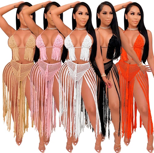 Sexy Women's Swimwear Beach Cover Up Solid Color Hollow Out Weaving Two Piece Bikinis Set ZS-085