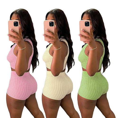 Sexy Sport Wear Solid Color Sleeveless V Neck Vest Crop Top Bodycon Shorts Two Piece Outfits ANDI-0501