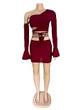 Summer Solid Color Skew Shoulder Flare Long Sleeve Hollow Out Bandage Crop Top  Mini Skirt 2 Piece Set OSM-4339