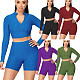 Women Solid Color Pineapple Grid Long Sleeve Zipper Crop Top Coat Slim Shorts Gym Sport 2 Piece Set OSM-4342