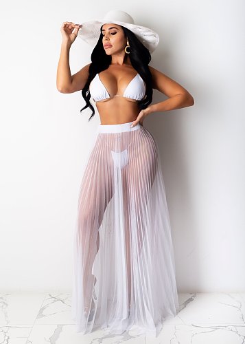 Women Sexy Solid Color See Through Cover Up Swimwear Sheer Mesh Beach Maxi Wrap Long Skirt OSM-4341