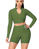 Women Solid Color Pineapple Grid Long Sleeve Zipper Crop Top Coat Slim Shorts Gym Sport 2 Piece Set OSM-4342