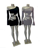 Summer Solid Color Skew Shoulder Flare Long Sleeve Hollow Out Bandage Crop Top  Mini Skirt 2 Piece Set OSM-4339