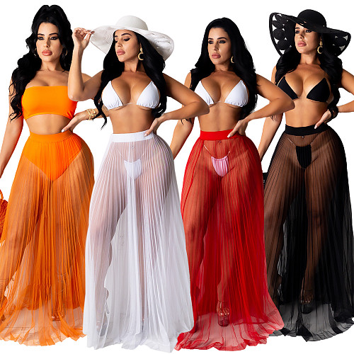 Women Sexy Solid Color See Through Cover Up Swimwear Sheer Mesh Beach Maxi Wrap Long Skirt OSM-4341