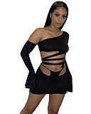 Summer Solid Color Skew Shoulder Flare Long Sleeve Hollow Out Bandage Crop Top  Mini Skirt 2 Piece Set OSM-4339