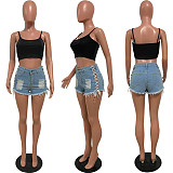 2021 Trendy Eyelet Lace Up Bandage Jean High Waist Shorts HMS-5454
