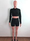Women Solid Color Pineapple Grid Long Sleeve Zipper Crop Top Coat Slim Shorts Gym Sport 2 Piece Set OSM-4342