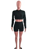 Women Solid Color Pineapple Grid Long Sleeve Zipper Crop Top Coat Slim Shorts Gym Sport 2 Piece Set OSM-4342