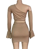 Summer Solid Color Skew Shoulder Flare Long Sleeve Hollow Out Bandage Crop Top  Mini Skirt 2 Piece Set OSM-4339