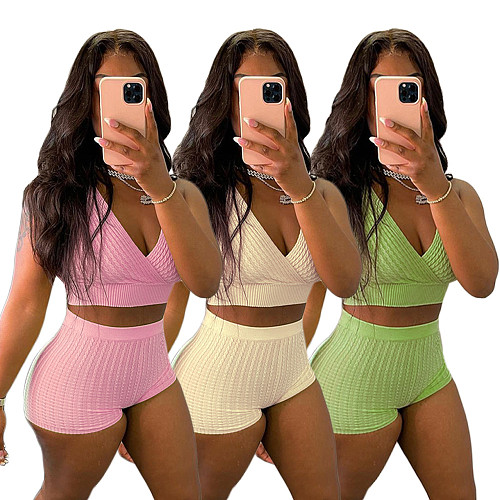Sexy Sport Wear Solid Color Sleeveless V Neck Vest Crop Top Bodycon Shorts Two Piece Outfits ANDI-0501