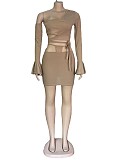 Summer Solid Color Skew Shoulder Flare Long Sleeve Hollow Out Bandage Crop Top  Mini Skirt 2 Piece Set OSM-4339