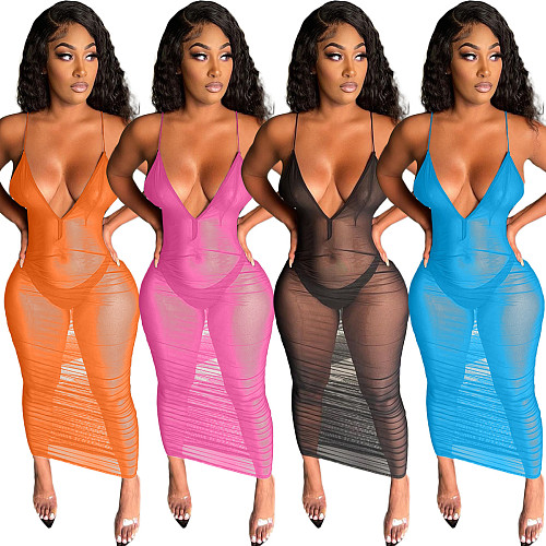 Sexy Sheer Mesh See Through Women Spaghetti Strap Deep V Neck Sleeveless Bodycon Club Long Dress NIYA-8060