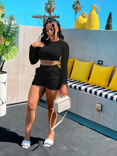 Solid Color Long Sleeves O Neck Backless Tie Crop Tops Elastic Waist Shorts Slim Two Pieces Outfits BGN-166