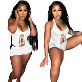 Summer Women Sexy Solid Color Irregular Hollow Out Sleeveless Halter Top Skinny Shorts Two Piece Suit BN-9279
