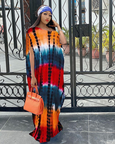 Summer Tie Dye Print Diagonal Callar Short Sleeve Casual Women Pullover Loose Long Dress JR-3610