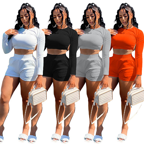 Solid Color Long Sleeves O Neck Backless Tie Crop Tops Elastic Waist Shorts Slim Two Pieces Outfits BGN-166