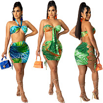 Women Sexy Print Sleeveless Halter Crop Tops Drawstring Waist Hollow Out Sheath Elastic Skirts 2 Piece Set JR-3608
