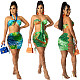 Women Sexy Print Sleeveless Halter Crop Tops Drawstring Waist Hollow Out Sheath Elastic Skirts 2 Piece Set JR-3608