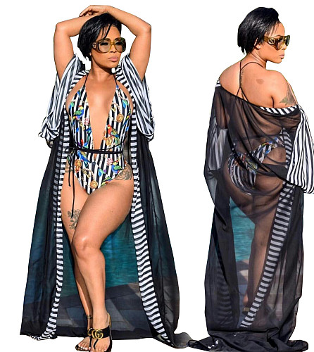 Sexy Swimwear Mesh Patchwork Long Cardigan Top+Sleeveless Bandage Bodysuit Two Piece Bikini Set LSD-8068