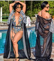 Sexy Swimwear Mesh Patchwork Long Cardigan Top+Sleeveless Bandage Bodysuit Two Piece Bikini Set LSD-8068