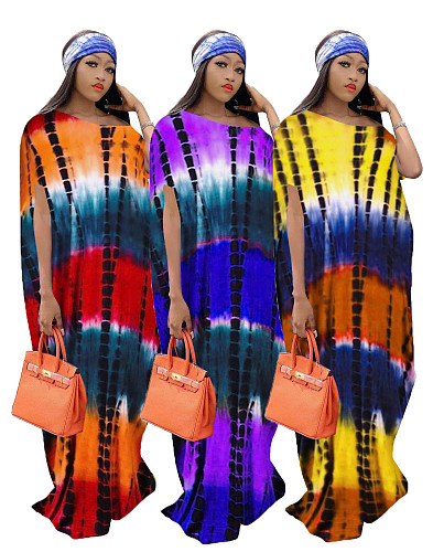 Summer Tie Dye Print Diagonal Callar Short Sleeve Casual Women Pullover Loose Long Dress JR-3610