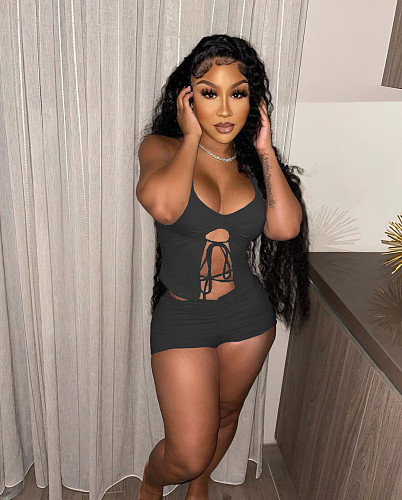 Summer Women Sexy Solid Color Irregular Hollow Out Sleeveless Halter Top Skinny Shorts Two Piece Suit BN-9279