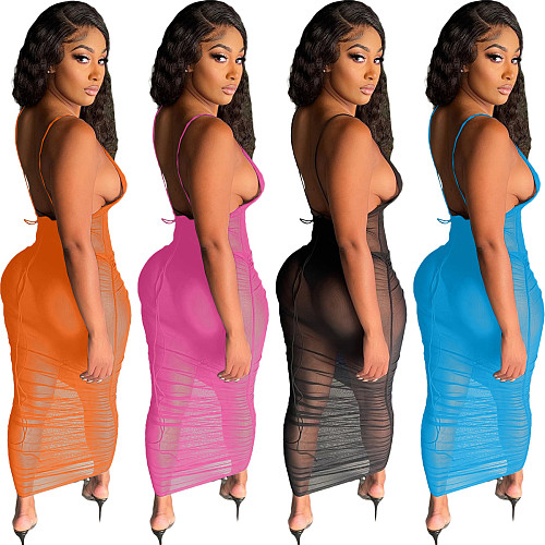 Sexy Sheer Mesh See Through Women Spaghetti Strap Deep V Neck Sleeveless Bodycon Club Long Dress NIYA-8060