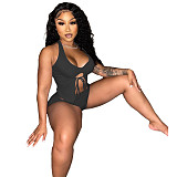 Summer Women Sexy Solid Color Irregular Hollow Out Sleeveless Halter Top Skinny Shorts Two Piece Suit BN-9279