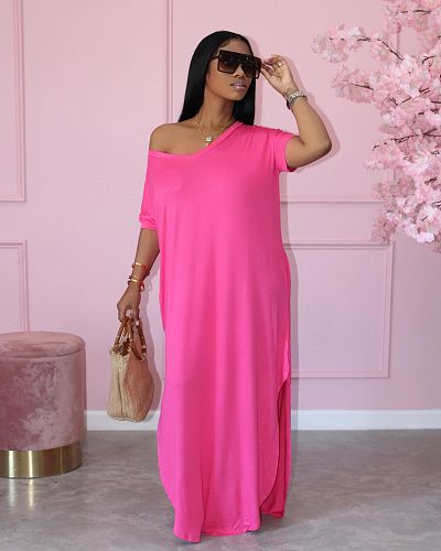 2021 Summer Casual Women V-neck Solid Color Short Sleeve Loose Fitting Floor Length Dress JR-3613