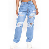 Women Casual Streetwear High Waist Hole Ripped Straight Washed Make Old Wide Leg Denim Pants LX-5505