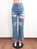 Women Casual Streetwear High Waist Hole Ripped Straight Washed Make Old Wide Leg Denim Pants LX-5505