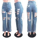 Women Casual Streetwear High Waist Hole Ripped Straight Washed Make Old Wide Leg Denim Pants LX-5505