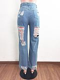 Women Casual Streetwear High Waist Hole Ripped Straight Washed Make Old Wide Leg Denim Pants LX-5505