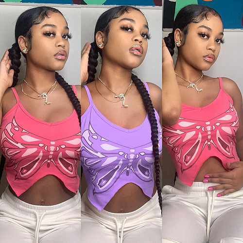 Summer Sexy Women Butterfly Print Sleeveless Spaghetti Strap Irregular Pullover Vest Tank Crop Tops WSY-5873