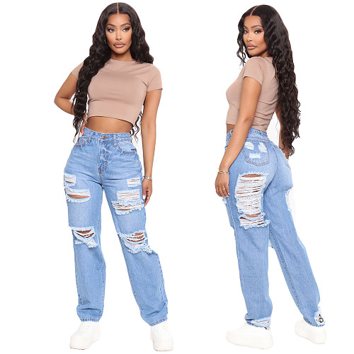 Women Casual Streetwear High Waist Hole Ripped Straight Washed Make Old Wide Leg Denim Pants LX-5505