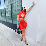 Hot Style Solid Color Short Sleeve O-Neck Hollow Out Lace-Up Crop Top Bodycon Shorts Two Piece Set YB-6050