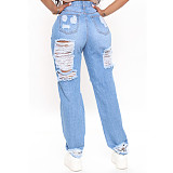 Women Casual Streetwear High Waist Hole Ripped Straight Washed Make Old Wide Leg Denim Pants LX-5505