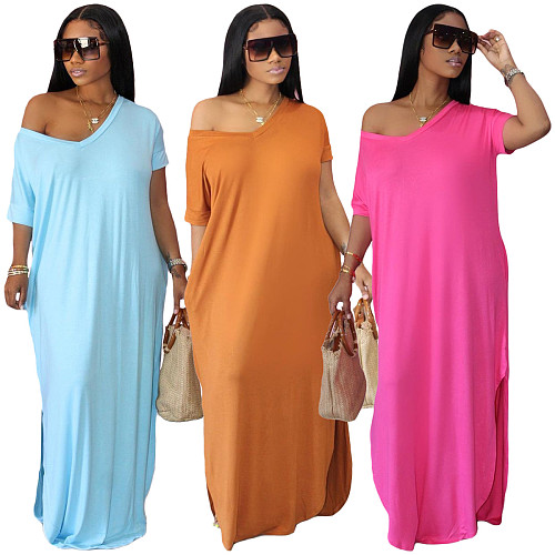 2021 Summer Casual Women V-neck Solid Color Short Sleeve Loose Fitting Floor Length Dress JR-3613