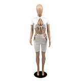 Hot Style Solid Color Short Sleeve O-Neck Hollow Out Lace-Up Crop Top Bodycon Shorts Two Piece Set YB-6050