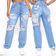 Women Casual Streetwear High Waist Hole Ripped Straight Washed Make Old Wide Leg Denim Pants LX-5505