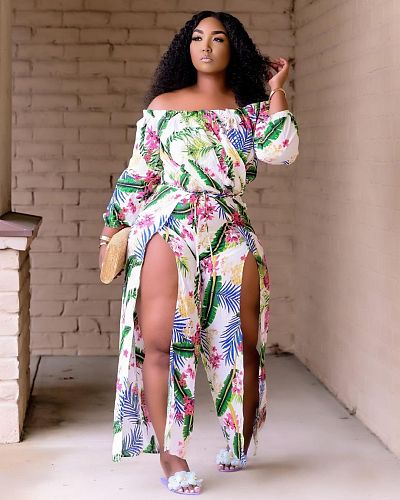 Summer Sexy Split Boho Beach Off Shoulder Long Sleeve Vintage Floral Printed Women Jumpsuit BER-8075