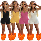 2021 Summer Sexy Rib Knitted Solid Color Deep V Neck Sleeveless Bodycon Women Rompers GLS-8114
