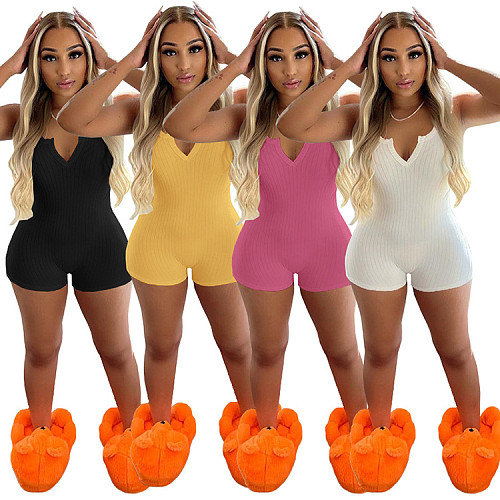 2021 Summer Sexy Rib Knitted Solid Color Deep V Neck Sleeveless Bodycon Women Rompers GLS-8114