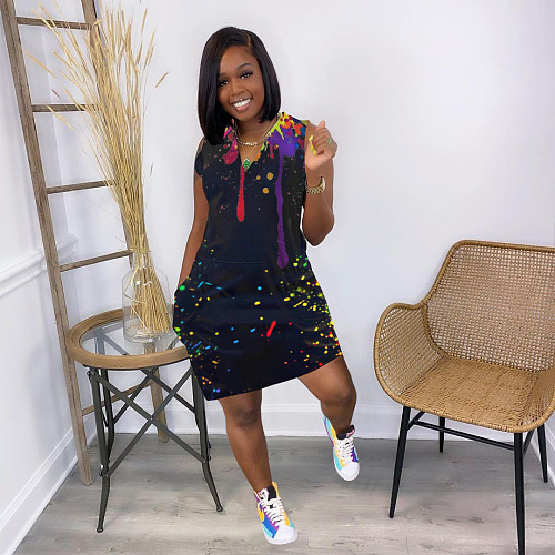 2021 Summer New Splash-Ink Print V-Neck Sleeveless Loose Streetwear Women Plus Size Dress JR-3622