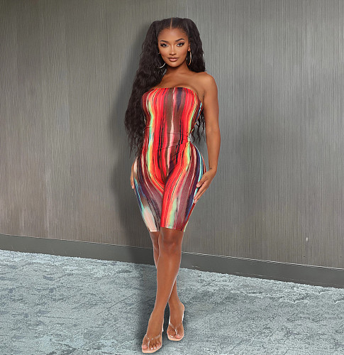 Summer Hot Sales Multicolor Striped Print Chest Wrapped Middle Waist Straight Strapless Slim Tube Rompers YB-6076