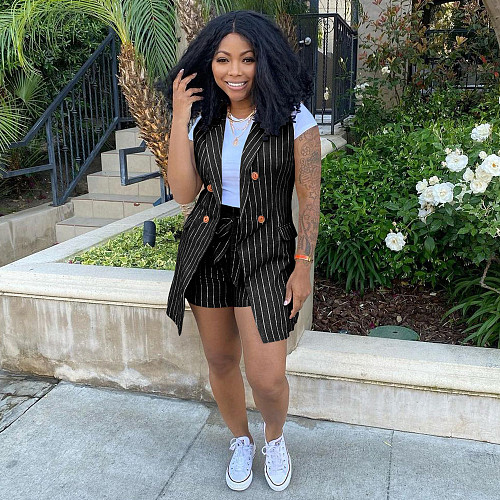 Women Office Work Sleeveless Turn Down Collar Suit Lace Up Shorts Summer Two Piece Blazer Set YIM-192