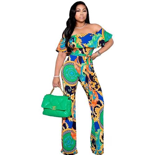 Summer Casual Print Off Shoulder Short Sleeve High Waist Wide Leg Loose Women Jumpsuit NK-8605